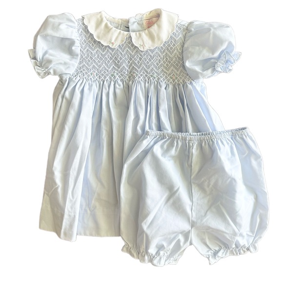 Petit Ami Baby Blue Smocked Collared Dress with Rosettes 0-3M - Picture 1 of 3